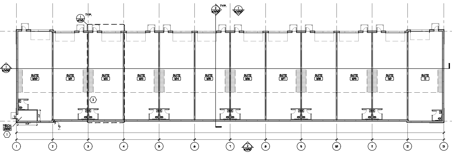 Phase 1 building plan — 12 bays in a row, suites 100 through 111