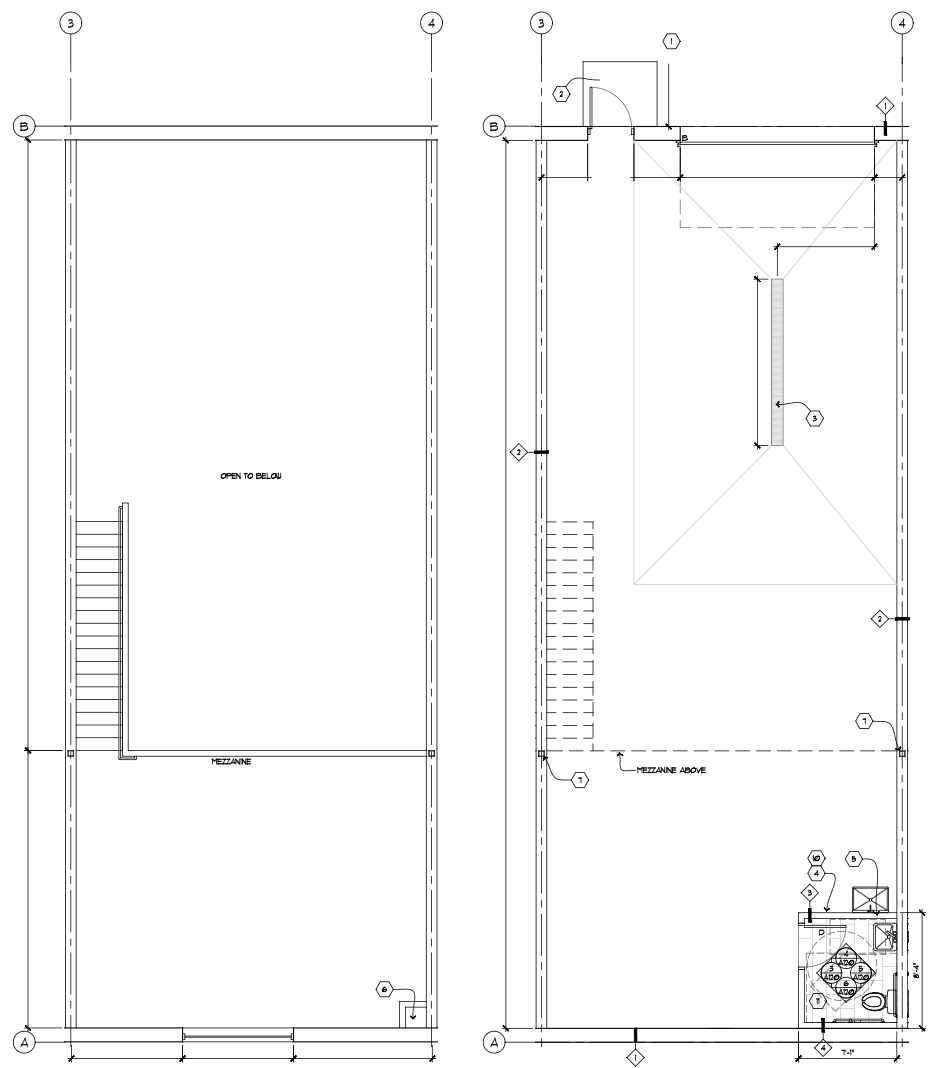Inside one bay — mezzanine plan (left) and main-floor plan (right)