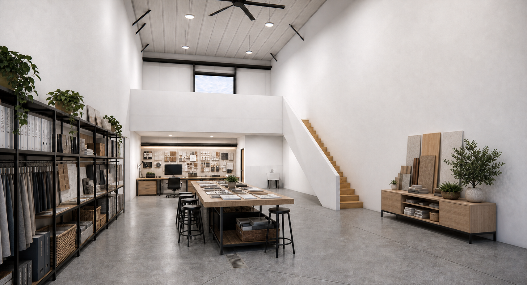 Bay set up as an interior design studio / showroom with material samples and worktable