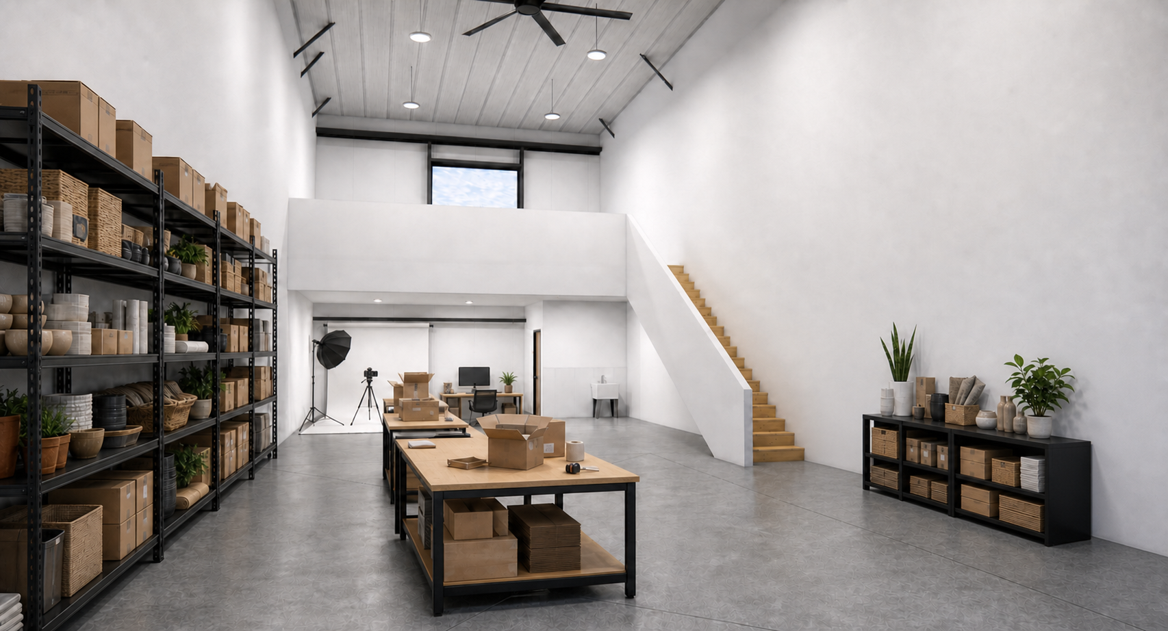 Bay set up as an e-commerce / fulfillment studio with shelving, packing bench, and photo area