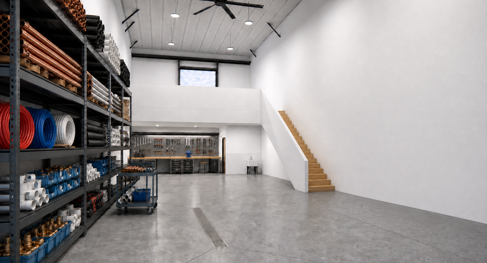 Bay set up as a plumbing / trades contractor shop with pipe racks, workbench, and tools